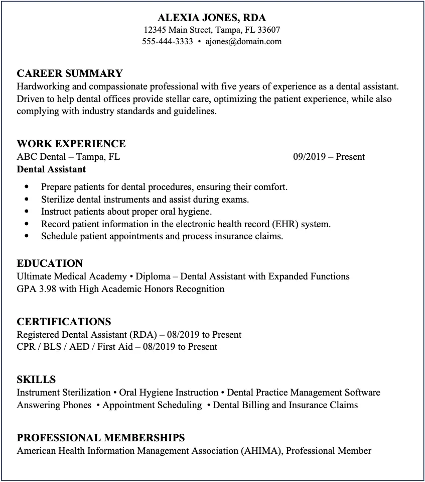 dental assistant resume example