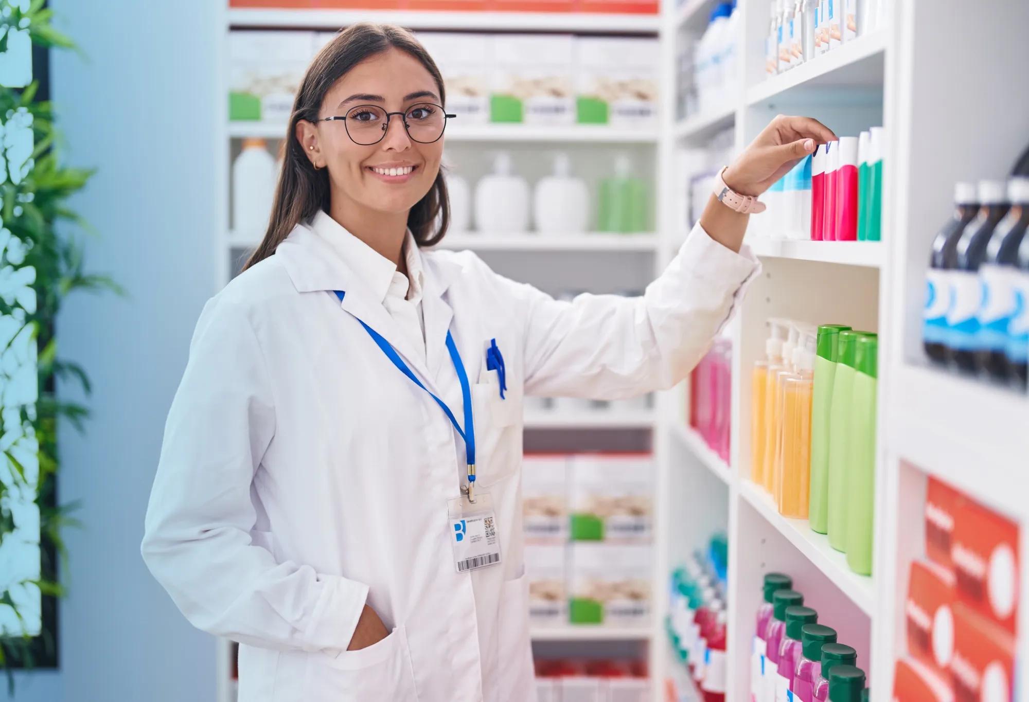 A pharmacy technician pulling medications from a shelf